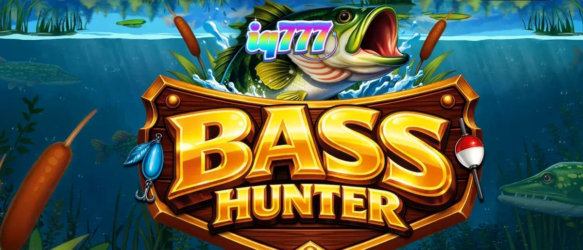 Isang masining na paglalarawan ng Bass Hunter slot na nagpapakita ng mga simbolo ng isda at kagamitan sa pangingisda sa isang malinaw na lawa.
